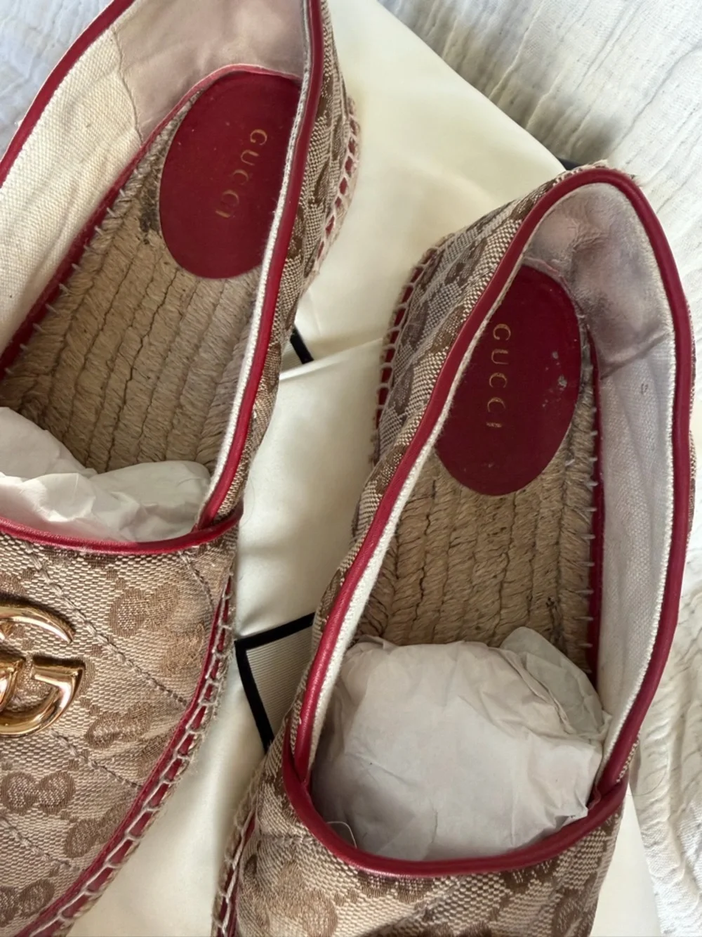 Gucci GG Canvas Espadrille Flats with Red Trim and Gold Double G